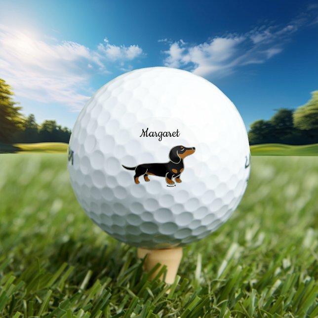 Balles De Golf Dachshund de cheveux lisse et noir personnalisé (Black and Tan Smooth Haired Dachshund Golf Balls for Doxie owners.  Cute cartoon Dachshund design.)