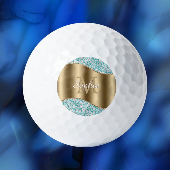 Balles De Golf Diamants Glam sur sarcelle, monogramme doré, nom e (Créateur téléchargé)