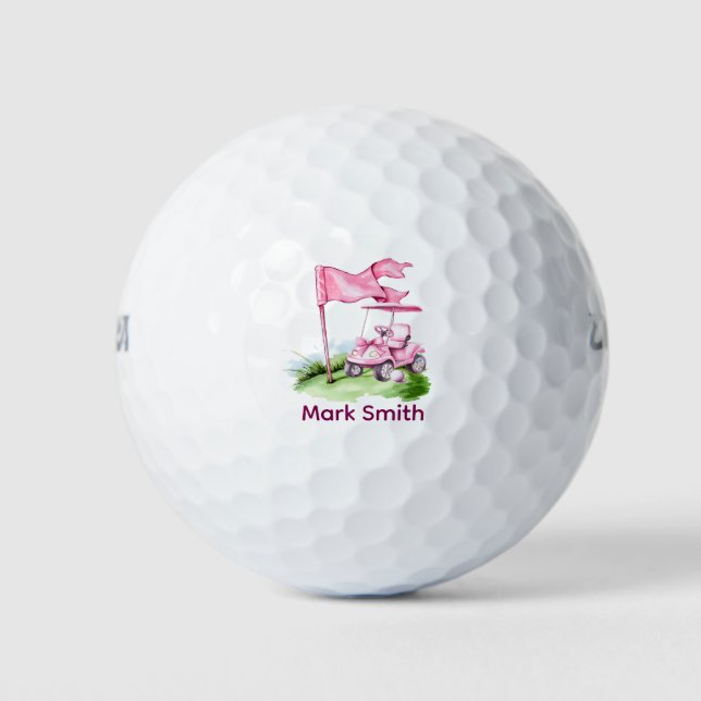 Balles De Golf Drapeau rose de golf et chariot rose avec nom (Devant)