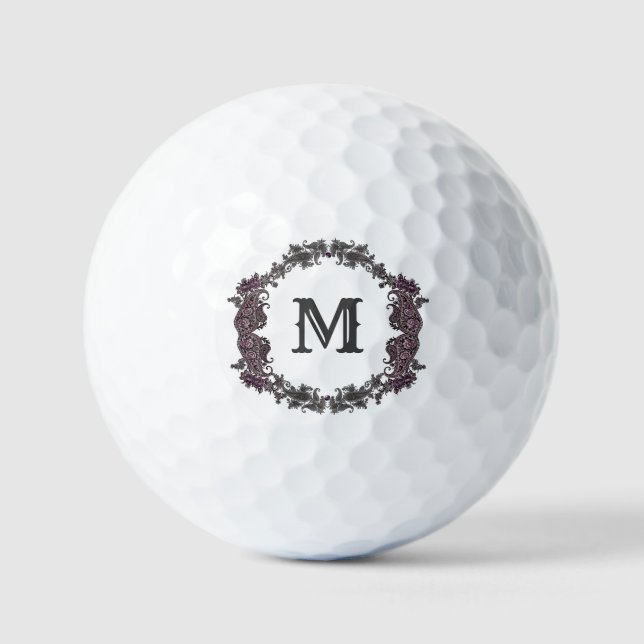 Balles De Golf Élégant Monogramme encadré de violet et d'argent (Recto)