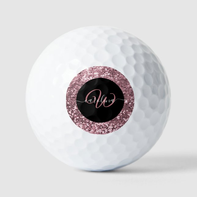 Balles De Golf Élégant monogramme rose or parties scintillant nom (Recto)