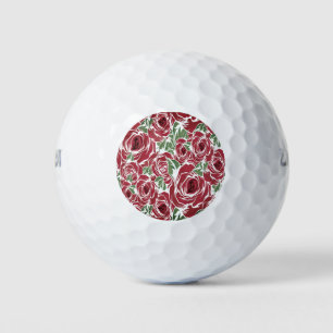 Balles De Golf Elégant Motif Rose Vintage - Rouge & Vert Floral