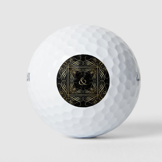 Balles De Golf Élégant or Foil Look Scrollwork Script sur noir (Devant)
