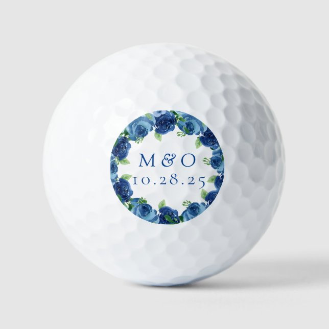 Balles De Golf Faveurs de mariage florales aquarelles bleu marine (Recto)