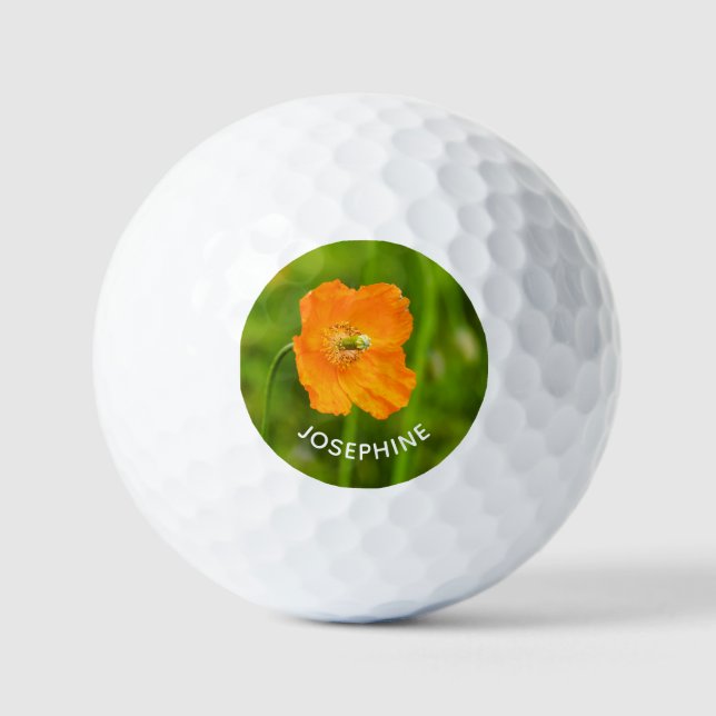 Balles De Golf Fleur De Pavot Orange Sur Photo Verte Avec Son Nom (Recto)