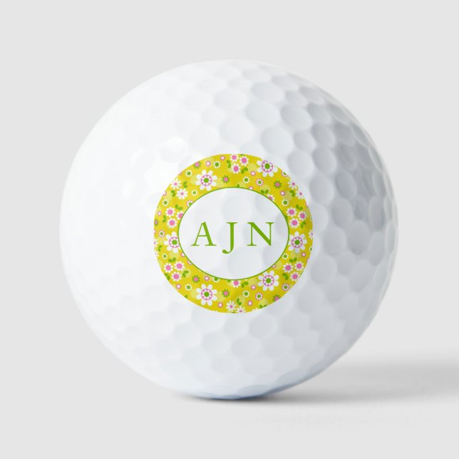Balles De Golf Fleurs Mood rétro Monogramme jaune et blanc (Recto)