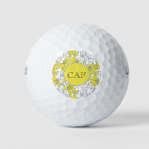 Balles De Golf Floral jaune et gris monogramme
