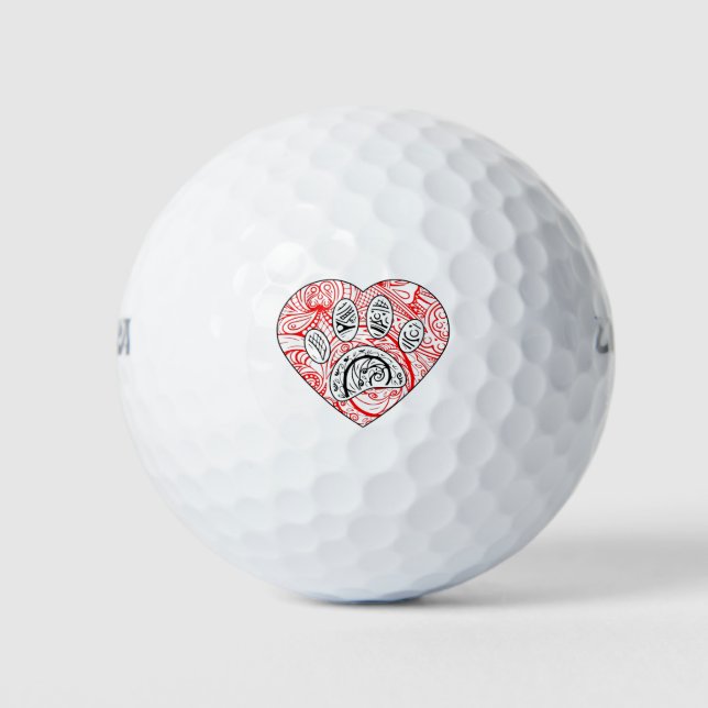 Balles De Golf Floral Mandala Chien Empreinte de patte Coeur roug (Devant)