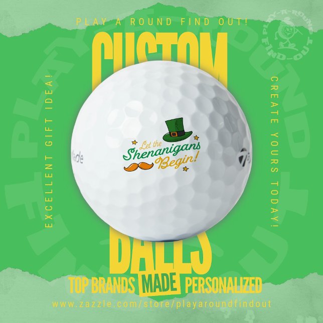 Balles De Golf Funny St. Patrick’s Day Design for Golf Buddies (Custom name brand golf balls by Play A Round Find Out, "Let The Shenanigans Begin" leprechaun design)