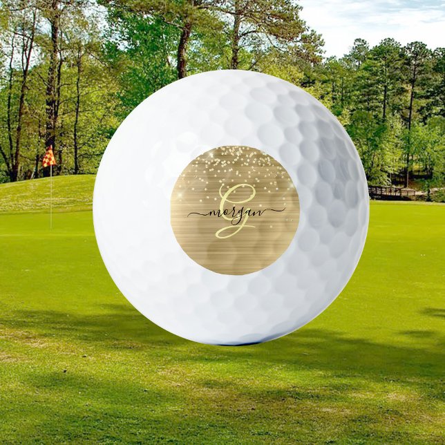 Balles De Golf Gold Glitter & Monogram, Black Script Name (Créateur téléchargé)