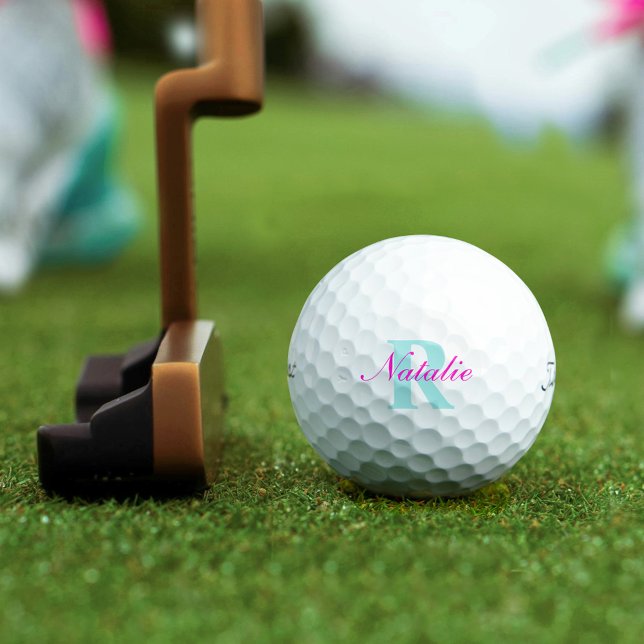 Balles De Golf Golf aqua bleu rose monogramme nom initial (Créateur téléchargé)