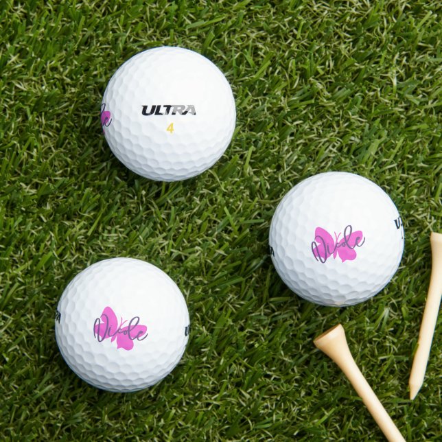 Balles De Golf Golf pink butterfly and purple script name (Herbe in situ)