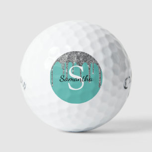 Balles De Golf Gouttes de paillettes argentées sarcelle Monogramm