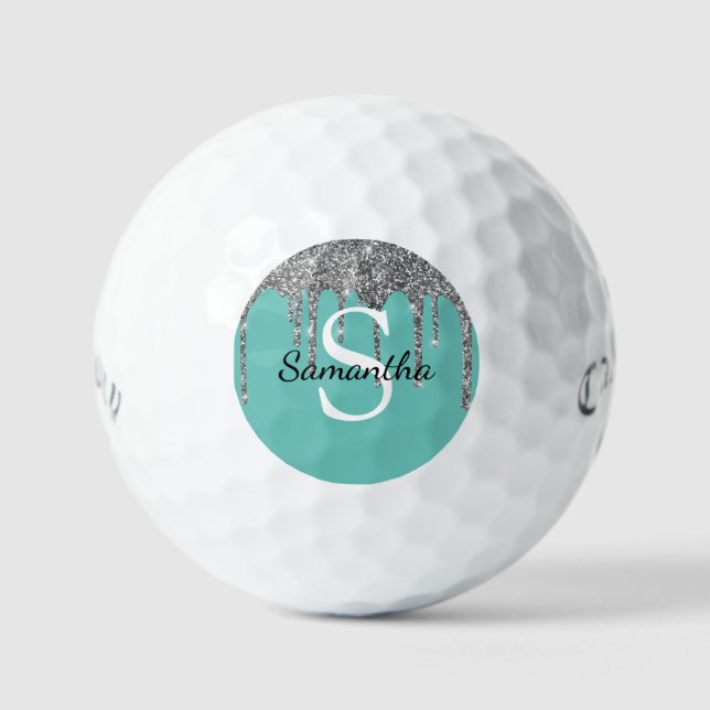 Balles De Golf Gouttes de paillettes argentées sarcelle Monogramm (Recto)