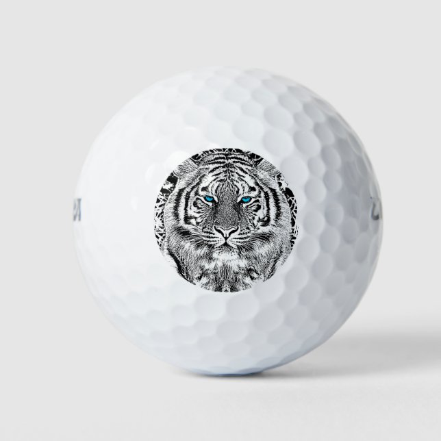 Balles De Golf Graphique de tigre noir et blanc aux yeux bleus (Devant)