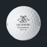 Balles De Golf Groomsman Black Wedding Rings<br><div class="desc">These golf balls are a great favor for the groomsmen in your wedding party. They feature a pair of wedding rings topped with am elegant bow in black. With a first name in a traditional CAP font and the job groomsman in a coordinating script font also in black they're perfect...</div>