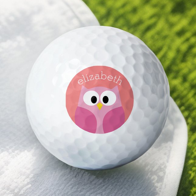 Balles De Golf Hibou mignon de bande dessinée dans le rose et le (Add Your Name to this Personalized Golf Ball)