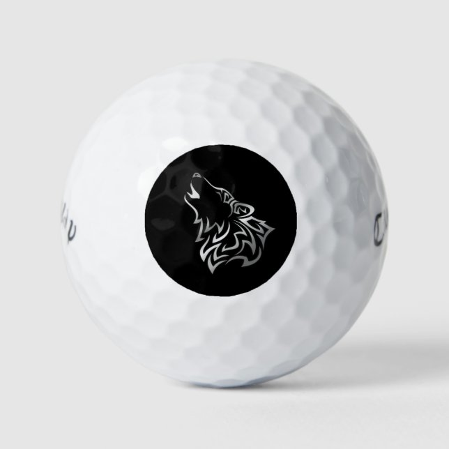 Balles De Golf Howling Wolf Tribal Black and Silver (Devant)