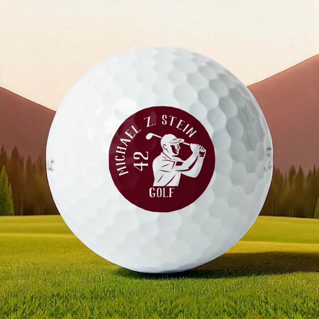 Balles De Golf Icône de golfeur, nom et âge rouge foncé (Créateur téléchargé)