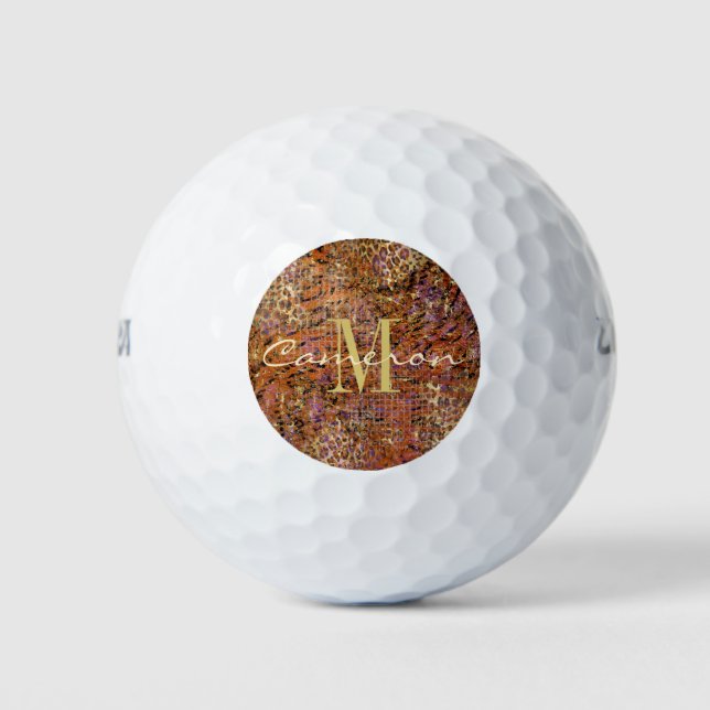 Balles De Golf Initiale de monogramme doré et nom sur peau de léo (Devant)