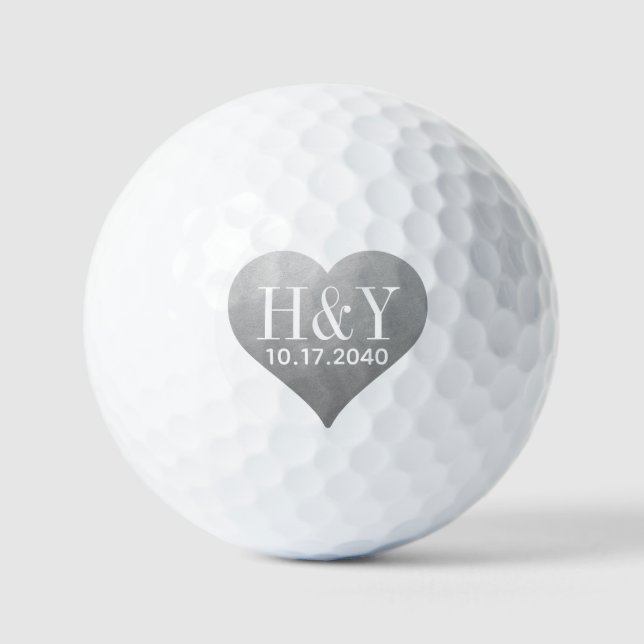 Balles De Golf Initiales de monogramme de mariage Date Cœur Argen (Recto)