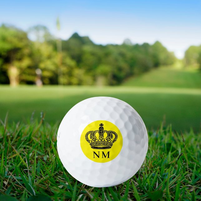 Balles De Golf Initiales de monogramme noir de couronne jaune (Créateur téléchargé)