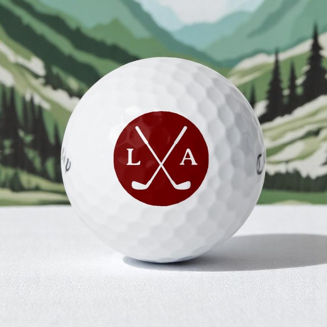 Balles De Golf Initiales du logo du golfeur rouge profond et club (Créateur téléchargé)