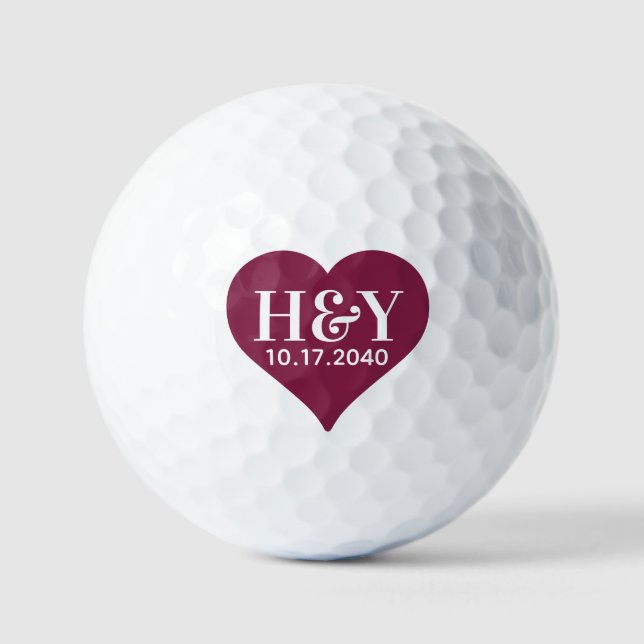 Balles De Golf Initiales du mariage Monogramme Date Coeur rouge (Recto)