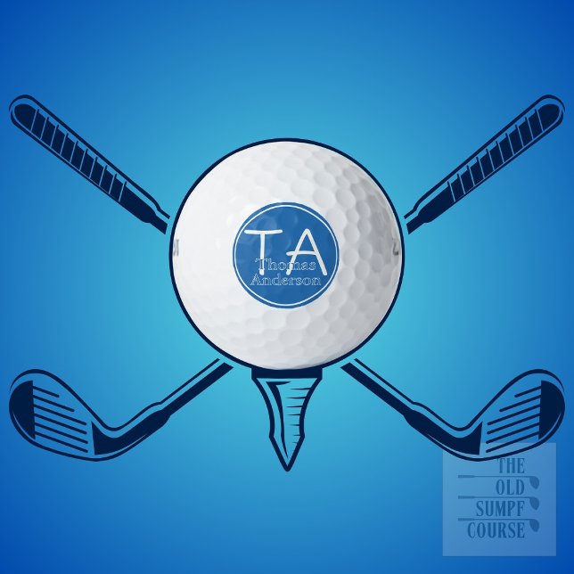 Balles De Golf Initiales et nom modernes en blanc et bleu (Créateur téléchargé)