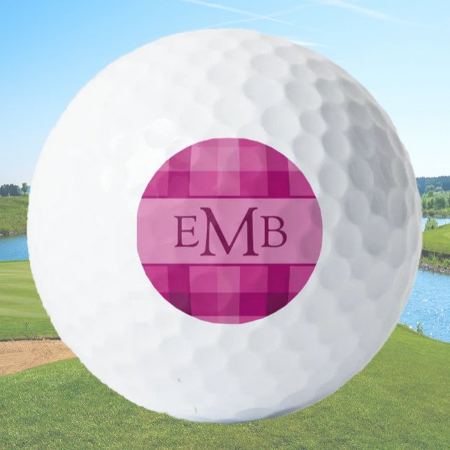 Balles De Golf Initiales Monogrammes personnalisées Pink Plaid (Créateur téléchargé)