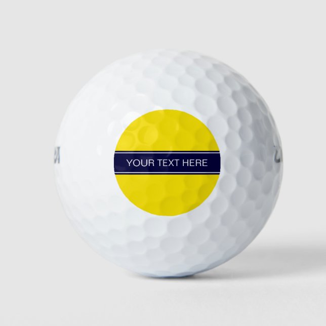 Balles De Golf Jaune Uni, Ruban Bleu Marine Monogramme Nom (Devant)
