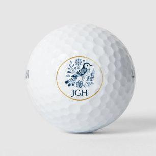 Balles De Golf Joli Blue Folk Bird Monogramme Personnalisé