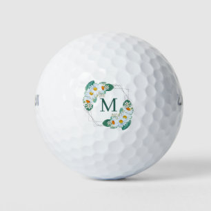 Balles De Golf Joli Monogramme Fille Floral Argent Étincelle