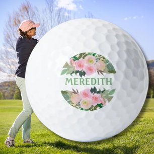 Balles De Golf Jolie aquarelle Fleurs roses Nom personnalisé