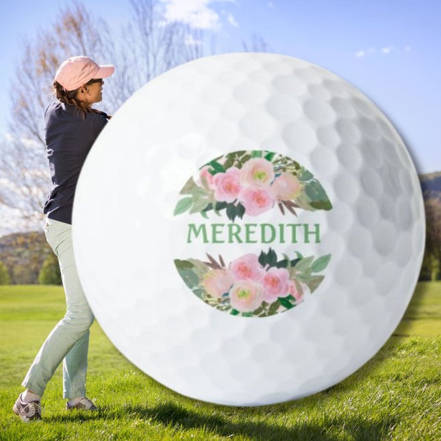 Balles De Golf Jolie aquarelle Fleurs roses Nom personnalisé (Créateur téléchargé)