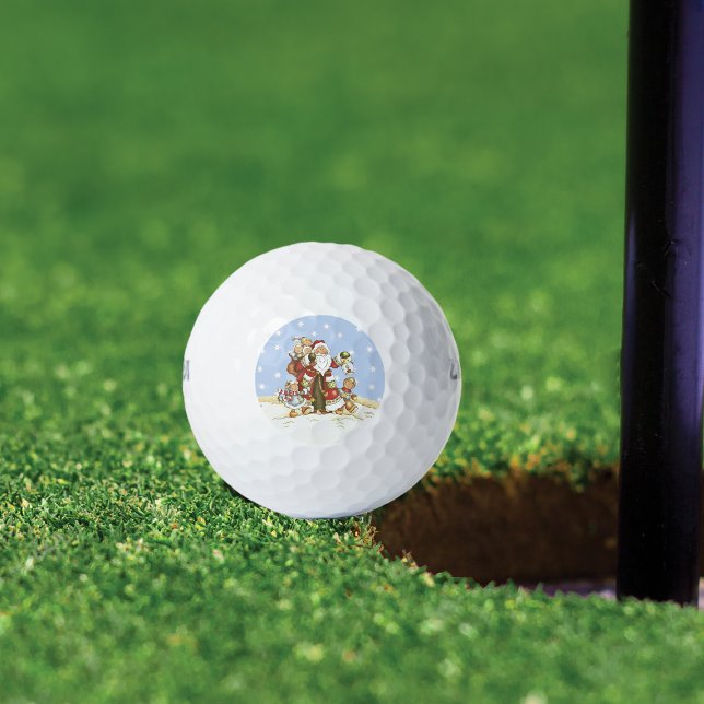 Balles De Golf Jote Père Noël Folk Art Kids Christmas Snowflakes (Santa Clause walking in snow with little children carrying latern on golf balls.)