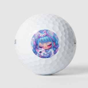 Balles De Golf Kawaii Chibi Anime Girl Cosy Kitty Cuddle Art