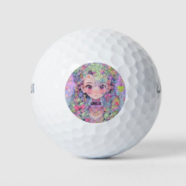 Balles De Golf Kawaii Pastel Harajuku Anime Girl avec tresses (Devant)
