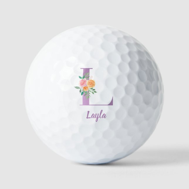 Balles De Golf L Monogramme Purple Floral Aquarelle Personnalisée (Recto)
