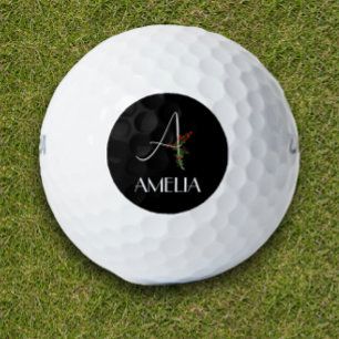 Balles De Golf Lettre de fleurs d'aquarelle simple Un noir