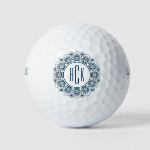 Balles De Golf Mandala orné de bleu foncé et blanc monogramme