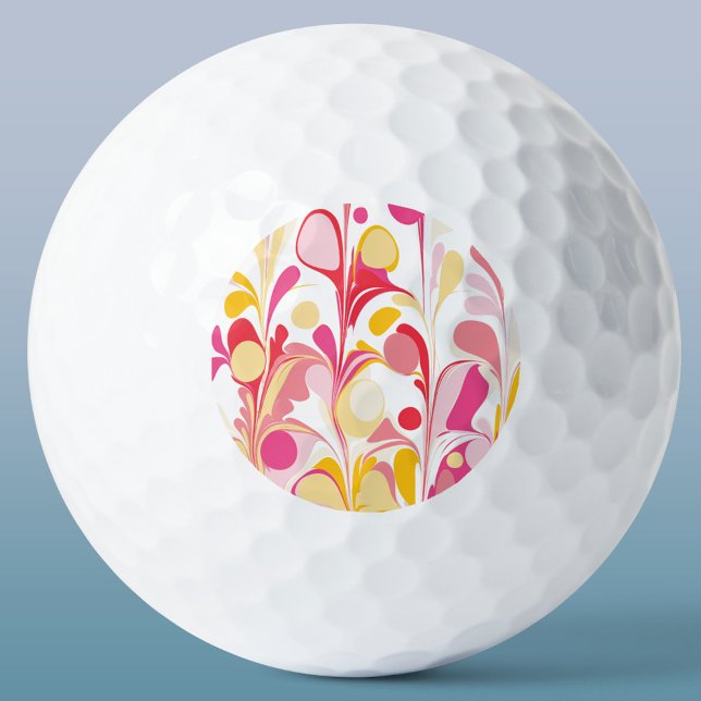 Balles De Golf Marbre rétro Abstrait Motif rose rouge jaune (Retro marble pattern pink yellow golf ball)