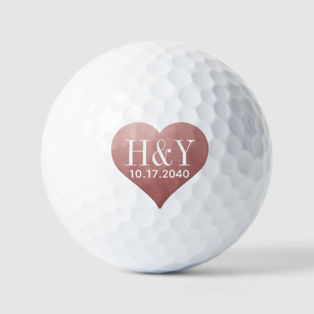 Balles De Golf Mariage Date initiale Rose Gold Pink Heart (Recto)