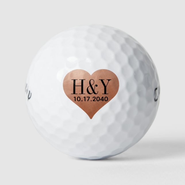 Balles De Golf Mariage Monogramme initial Date Coeur de cuivre (Devant)