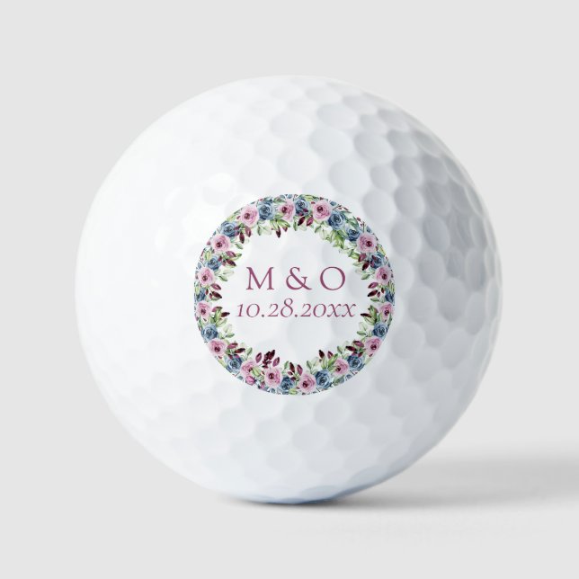 Balles De Golf Marine Bleu Burgundy Vin Aquarelle Floral Mariage (Recto)