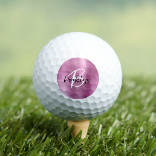Balles De Golf Métal brossé rose Noir Blanc Script Monogramme