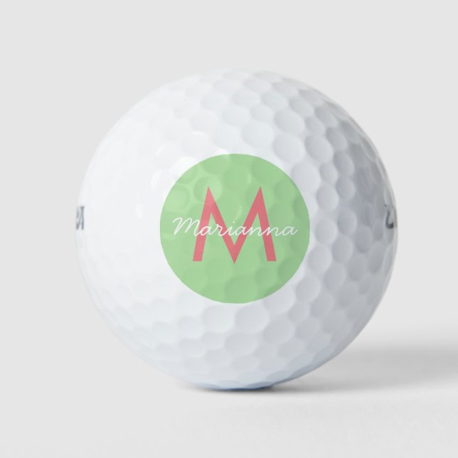 Balles De Golf Mint & Coral rose Nom et Monogramme moderne (Devant)