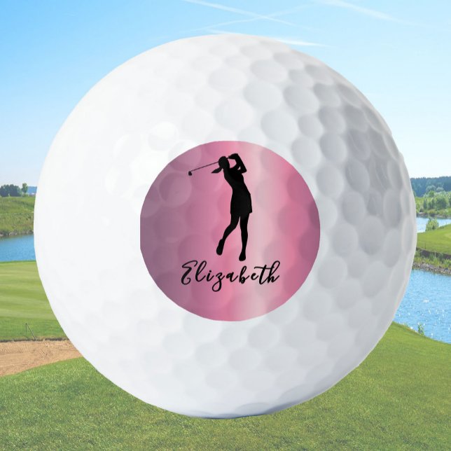 Balles De Golf Modern Pink Metallic Look Lady Golfer Custom Name (Créateur téléchargé)