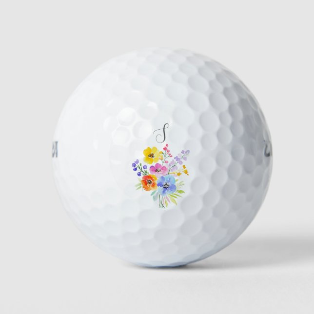 Balles De Golf Monogramme aquarelle floral vibrant  (Devant)