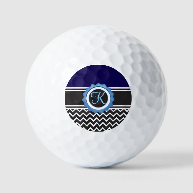 Balles De Golf Monogramme bleu noir Chevron (Recto)